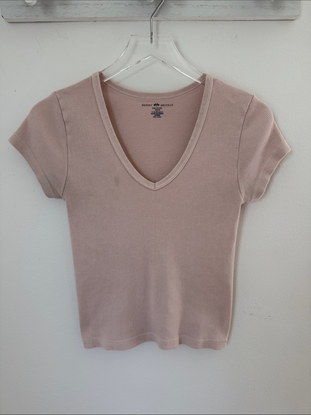 Brandy Melville Ashlyn Light Pink Ribbed V Neck Cotton Baby Tee Top